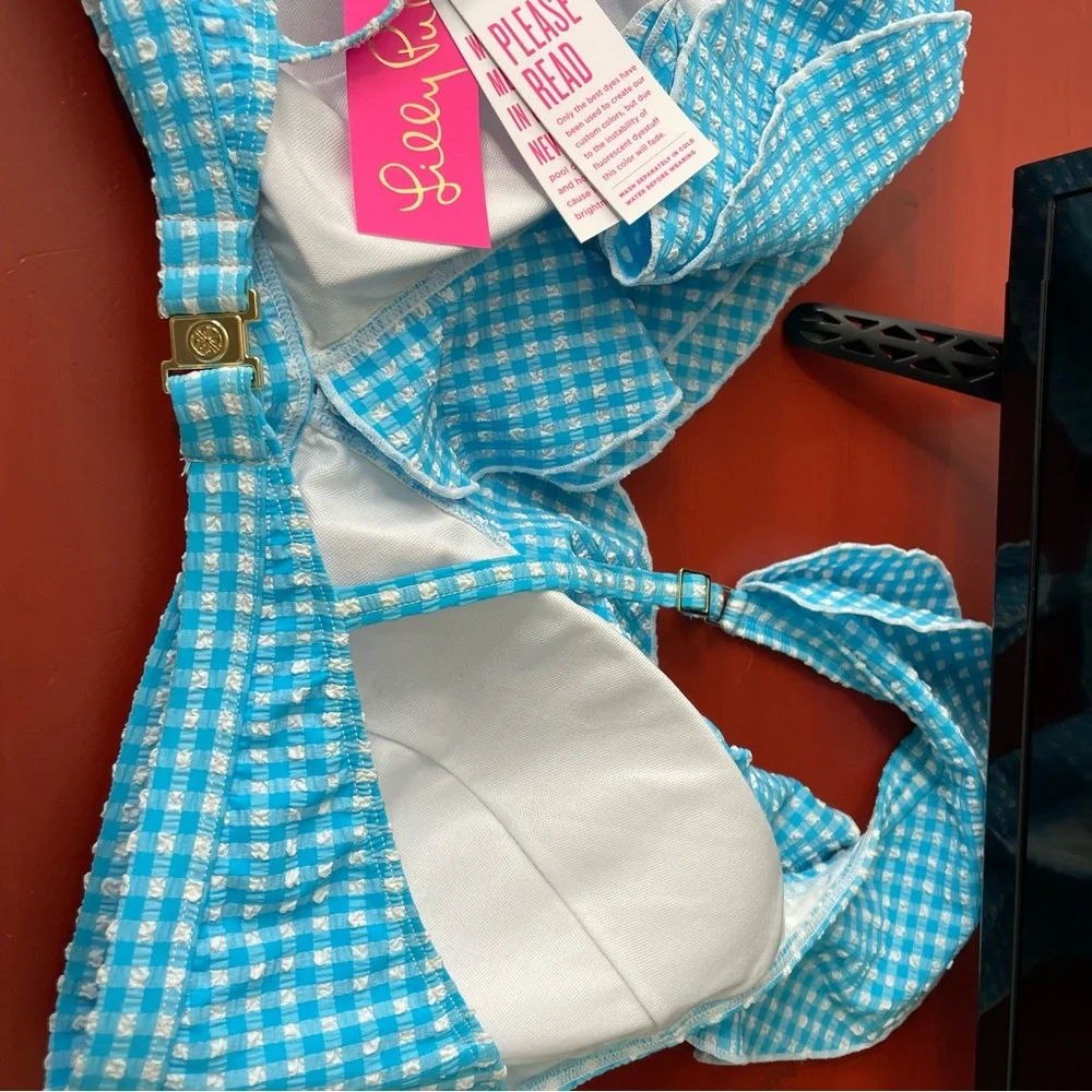 New Lilly Pulitzer Aelin Bikini Swim Top in Crinkle Turquoise Blue Oasis Gingham